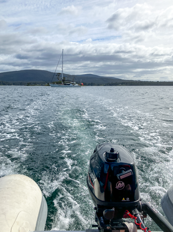 Looking back at Silver Fern from the dinghy in Deephole Bay