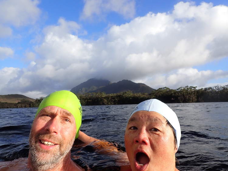 Pieter and Shien swimming in Bathurst Harbour