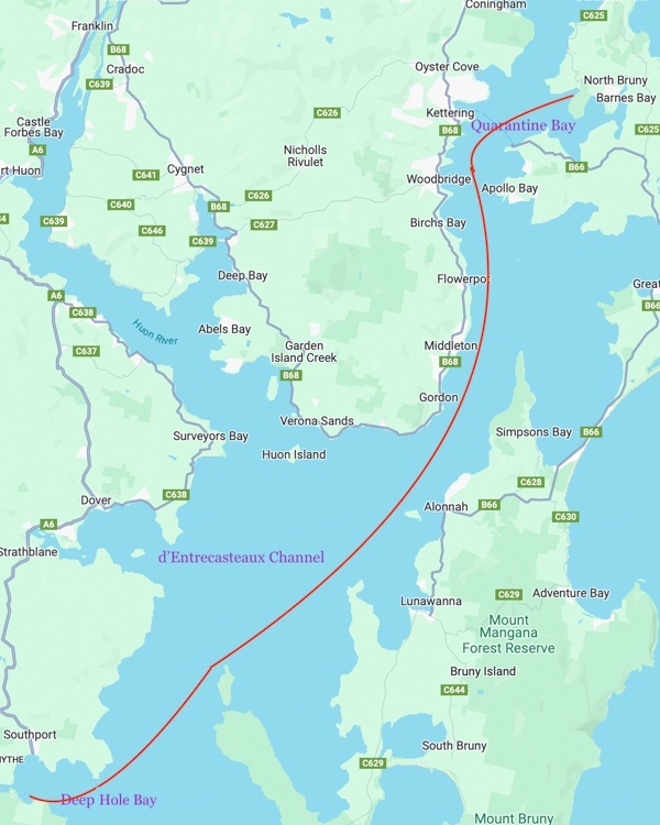 Map of the route from Quarantine Bay to Deephole Bay