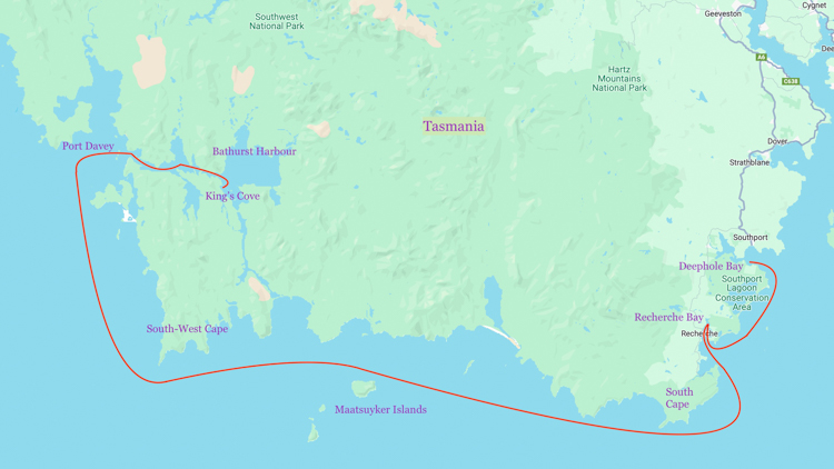 Map of the route from Deephole Bay to Port Davey