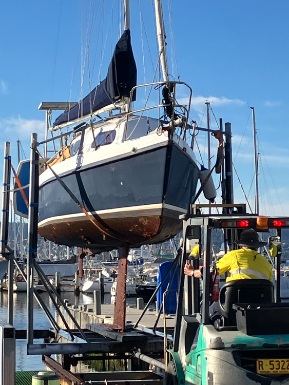 Up on the lift for Cheval de Mer's antifoul