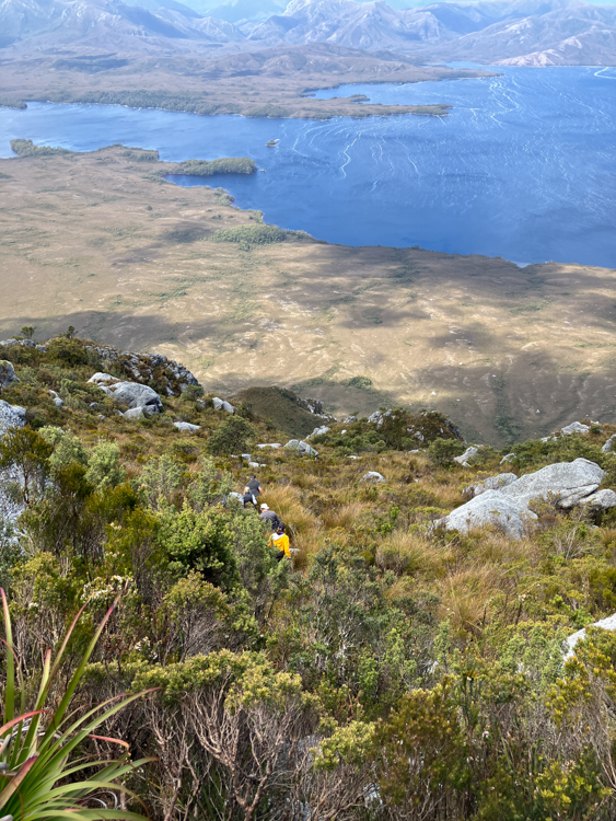 Climbing down Mount Rugby, with Bathurst Harbour in the background