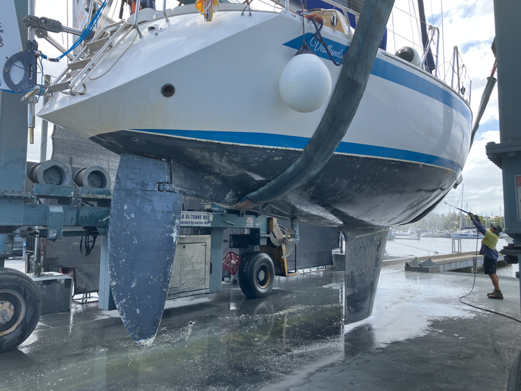 Sweden 390 cruising yacht out of the water