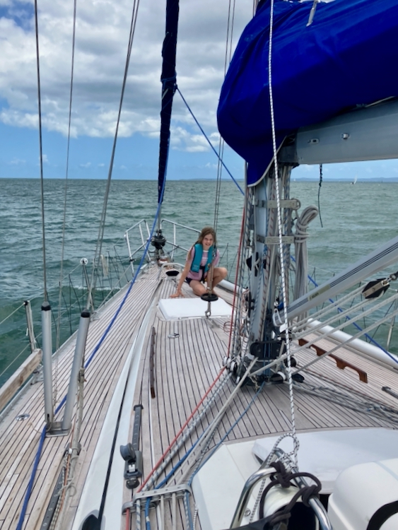 Berrima on the foredeck of Vestlandskyss as she passes Green Island