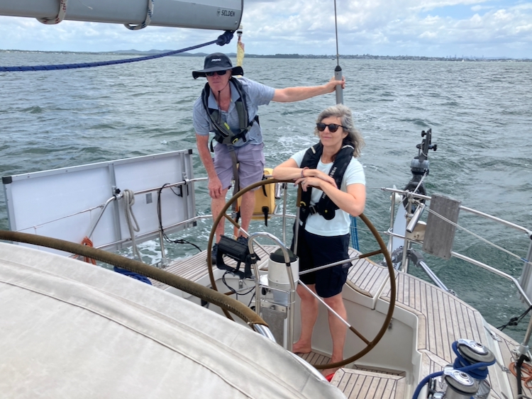 Brendon and Bronwyn at the helm of Vestlandskyss as she passes Green Island