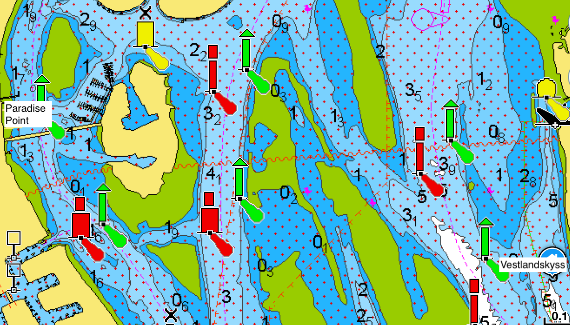 Map of the Broadwater channel showing the shallows between Vestlandskyss and Paradise Point