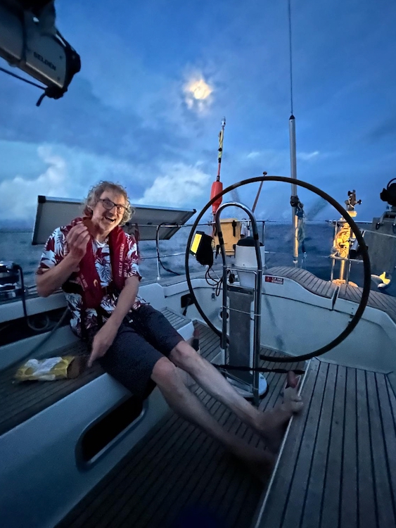 Reinhard enjoys a ginger biscuit while sailing south on Vestlandskyss